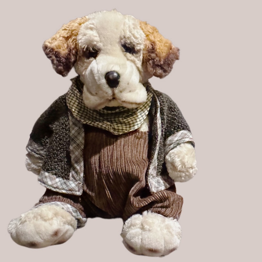 Vintage Y2K Hugfun Dog Plush Corduroy Overalls Green Plaid‎ Scarf Stuffed Animal